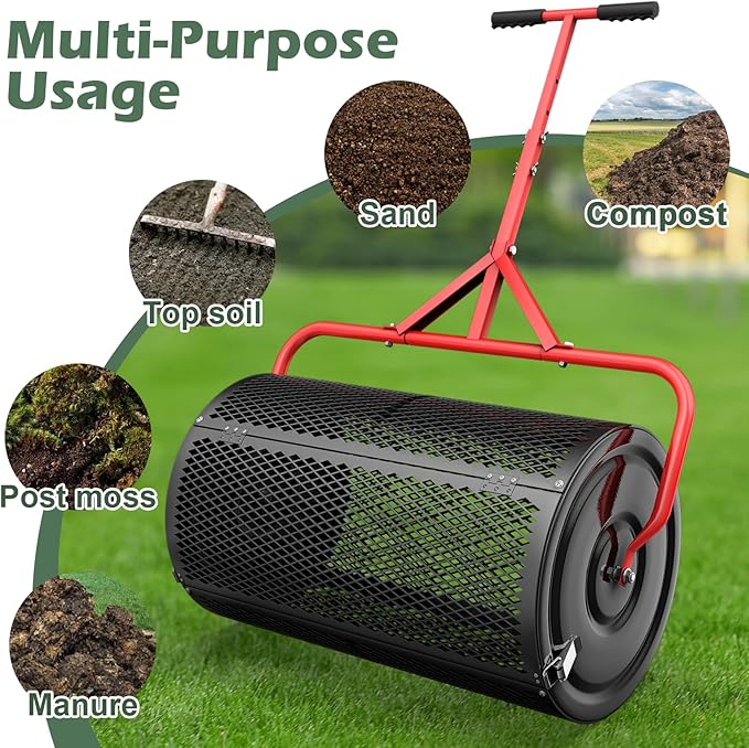 Compost Peat Moss Spreader for Lawn, 24 Inch Compost Roller Spreader with Adjustable T-Shaped Handle, Upgraded Side Clasps, Durable Lightweight Metal Roller, Lawn Garden Yard Care (Black)