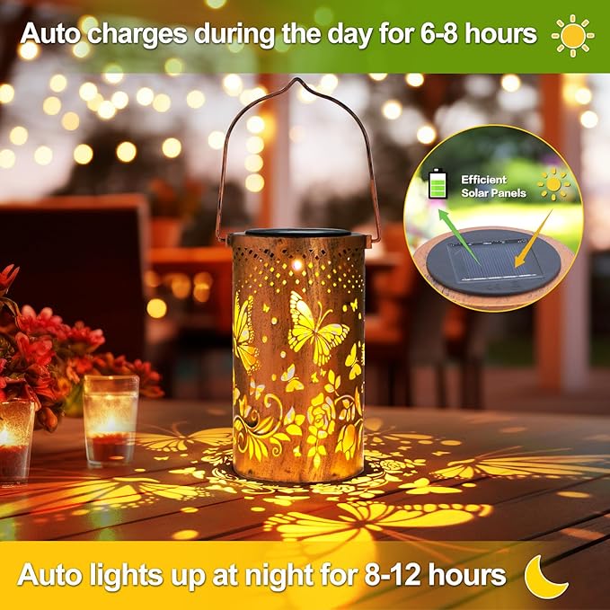 4 Packs Solar Lanterns Outdoor Hanging Lantern Lights, 4 Butterflies Hollowed-Out Metal Decor Lantern, Waterproof LED Decorative Garden Light Gifts
