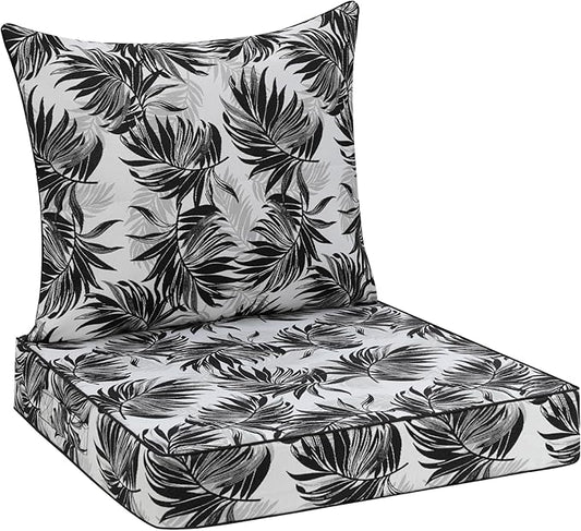 Favoyard Outdoor Seat Cushion 24 x 24 x 4 in Waterproof Pattern Fade Resistant Cover Removable Patio Furniture Cushions Deep Seat & Back Cushion Set with Adjustable Straps for Patio Chair Sofa Couch