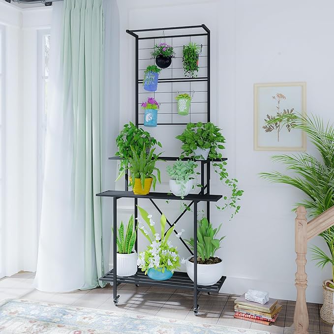 Zhongma 3 Tier Heavy Duty Plant Stand with Hanging Plant pot shelf with wheels, 35.43 L x 18.11 W x 81.1H multi layer plant Holder for Home, Garden, Plant Lovers,Metal Storage Rack Shelf/Freestanding