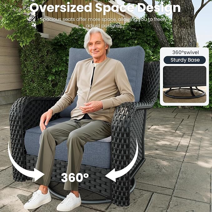 5 Pieces Outdoor Patio Furniture Sets with Rocking Swivel Chairs with 6-inch Thick Cushion and Fire Pit Table for Deck Lawn