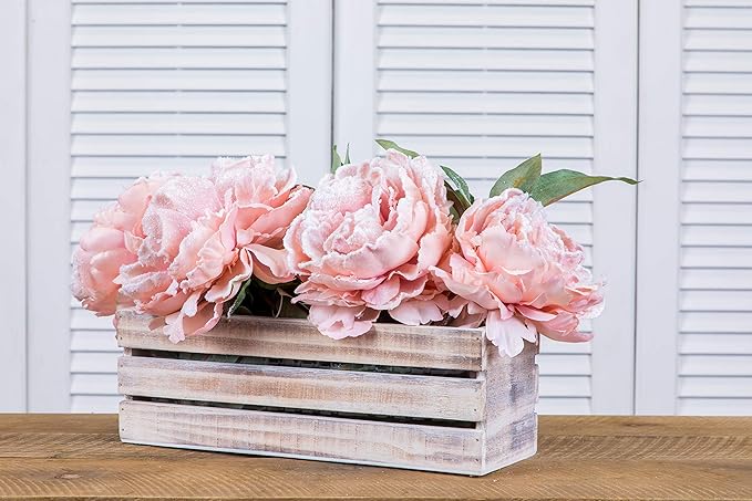 Wood Planter Box with Wine Crate Styled, 12x4 Inch Rectangular, Whitewash, Plastic Liner, Garden Centerpiece Display, Wedding Flowers Holder, Home and Venue Decor (12x4 Wine Crate Set of 4, Whitewash)