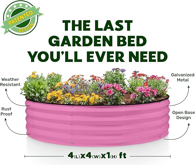 Round Galvanized Raised Garden Bed // 4×4×1 ft (2-Pack) Galvanized Raised Garden Beds Outdoor for Gardening, Vegetables, Flowers // Patented Tool-Free Design Round Planter (Pink)