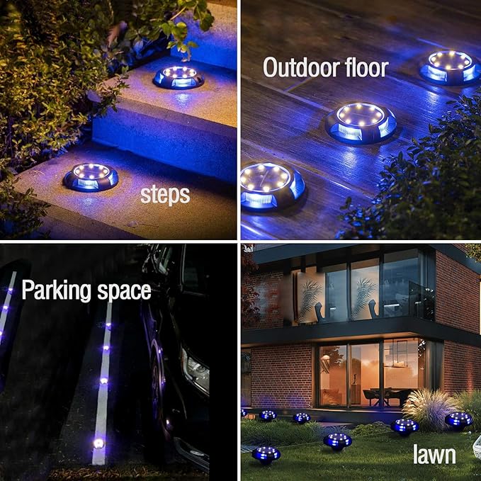 Solar Ground Lights Outdoor 8 Packs LED Disk Solar Powered Waterproof In-ground for Garden Deck Stair Step Lawn Patio Driveway Walkway Pathway Yard Decoration (White + Blue)