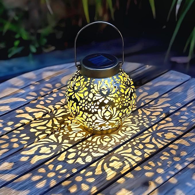 Set of 2 Outdoor Solar Hanging Lantern Lights Metal LED Decorative Lamp for Garden Patio Courtyard Lawn and Table with Hollowed-Out Design (Antique Bronze)