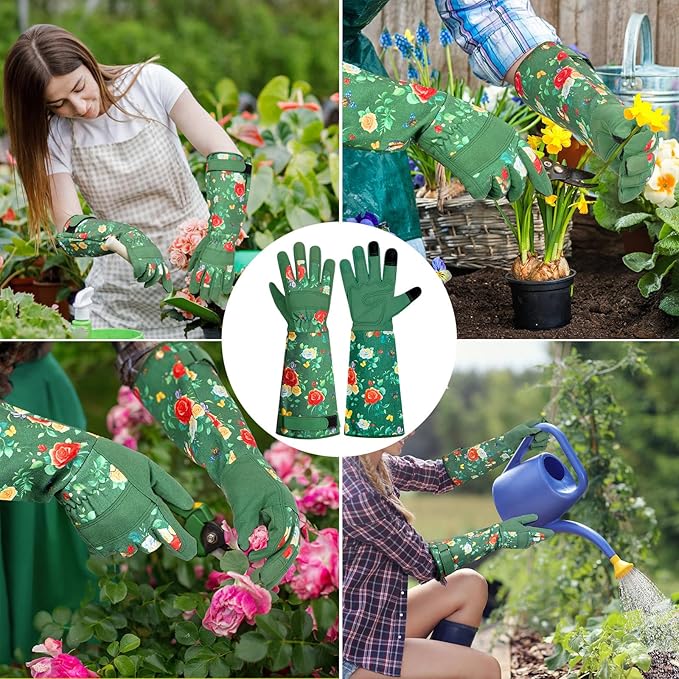 DLY Gardening Gloves,Leather Rose Gloves,Women's Long Glove for Gardening Work and Yard Work,Durable and Comfortable(Small, Green