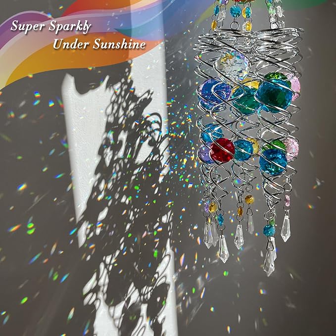 FONMY Hummingbird Gazing Ball Spiral Wind Spinner Sun Catcher Rainbow Maker Silver Spiral W/ K9 Green Crystal Ball Tree Hanging Ornament Indoor Outdoor Garden Decor. -19.5inch H