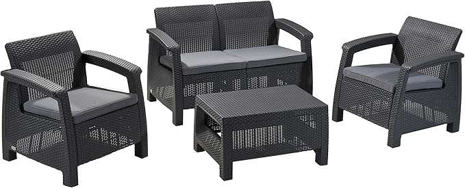 Keter Corfu 4 Piece Set All Weather Outdoor Patio Garden Furniture with Cushions, Charcoal