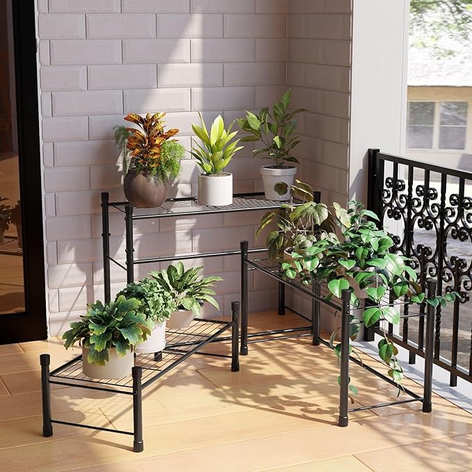 New England Stories Outdoor Plant Stand, 3-Tier Metal Plant Rack, Heavy Duty and Waterproof Plant Shelf, Stackable Tall Flower Pot Holder for Garden Display Rack, Black