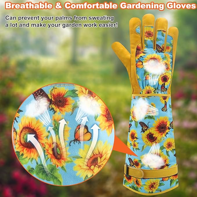DLY Gardening Gloves for Women, Rose Gloves Gardening Thorn Proof, Long Garden Gloves for Women, Breathable Cowhide Leather Gauntlet (Large, Blue)