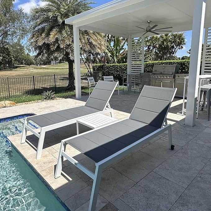 PURPLE LEAF Outdoor Chaise Lounge Set Adjustable Sunbathing Recliner with Side Table for Poolside Beach Outside Patio Aluminum Chaise Lounger Grey