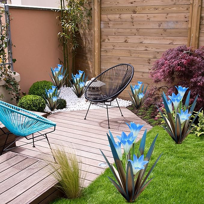 Homight Metal Agave Plant Outdoor Decoration Outdoor Garden Decoration Lily Mexican Yard Art Plant Garden Agave Lily Decorative Garden Gift… (3 Big Blue Lilies) (HM-390-345)