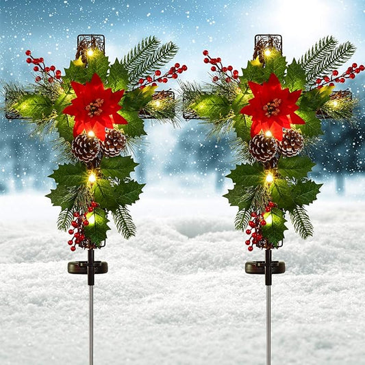2 Pack Outdoor Solar Lights Christmas Decorations, Cross Stake Lights with Faux Poinsettia Pine Cones Red Berries and Foliage for Garden Patio Grave