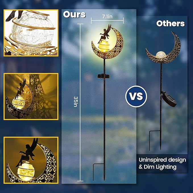 Fairy Moon Solar Lights Outdoor Garden Stakes, Waterproof Metal Decor Gifts for Women Mom, Art Moon Sculpture for Yard, Patio, Garden, Porch, 2 Pack