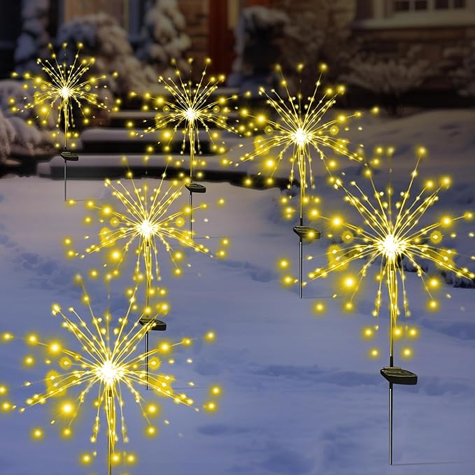 Solar Garden Firework Lights Outdoor Waterproof 2 Pack Solar Powered Art Stake Twinkle Lighting for Outside Decor, 120 LED Sparklers String Lights for Yard Party Decorations (Warm White)