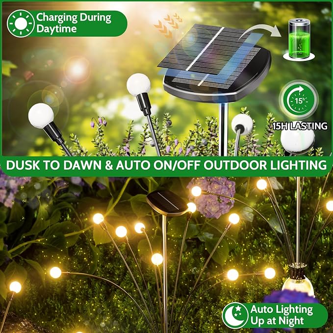 AOSEA Larger Bulbs Solar Garden Lights Outdoor, 2 Pack 18 LED Solar Firefly Lights Fairy Swaying by Wind for Outside, IP67 Waterproof,for Patio Garden Yard Walkway Sidewalk, Black