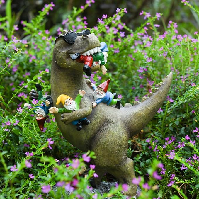 Garden Gnome Statues Garden Decor - Large Dinosaur Eating Gnomes Outdoor Decor for Patio,Lawn,Yard Decor - Uique Housewarming Gift