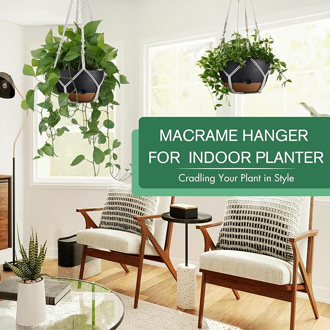Set of 2-10 Inch Hanging Planters for Indoor Plants with Self-Watering Includes Hanging Pots for Plants, Outdoor Hanging Plant Pot with Drainage, and 2 Types of Hanging Baskets Hangers (Black, 10inch)