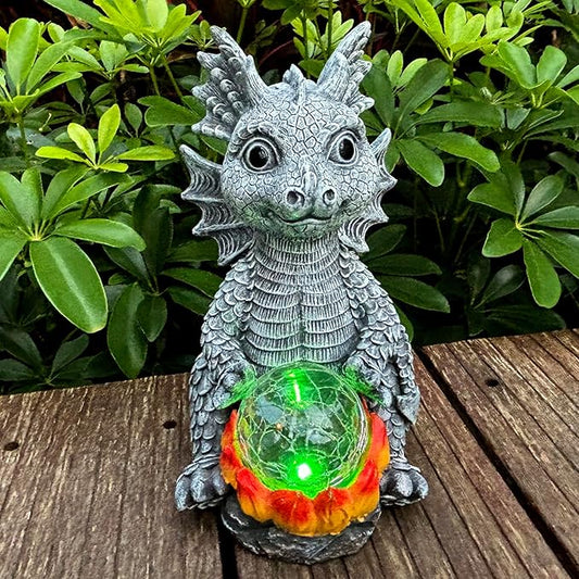 Solar Garden Statue Dragon Figurine with 7-Color Changing Solar Crackle Globe Lights- Loving Dragon for Patio,Balcony,Yard, Lawn-Unique Idea Gifts (Grey)