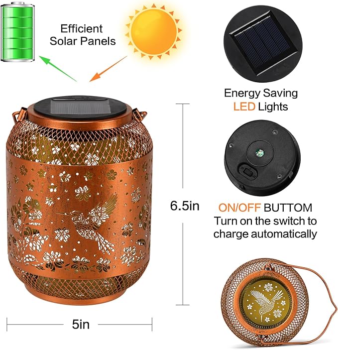2 Pack Solar Lanterns Outdoor Waterproof Hummingbird Garden Decor Birthday Gifts for Women Mom Grandma Hanging Solar Lights Metal Decoration Outside for Yard, Patio, Backyard, Porch, Pathway