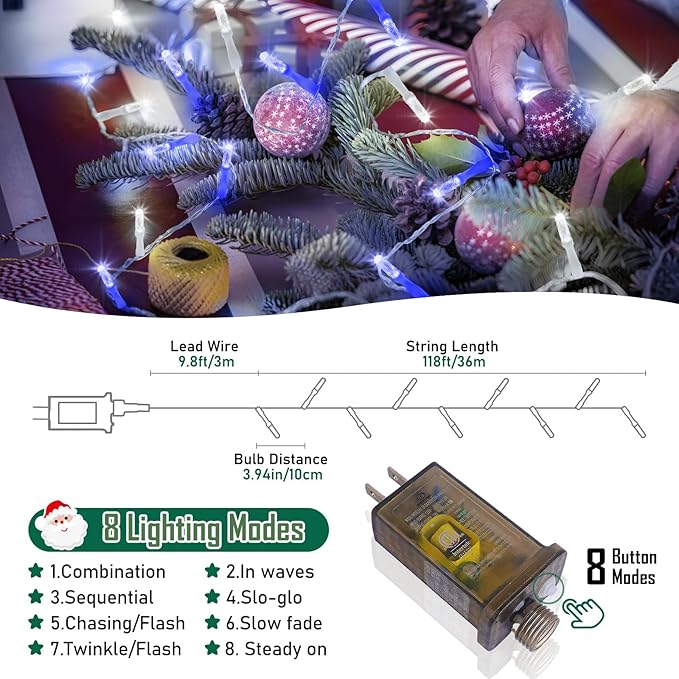 Heceltt 360 LED 118 FT String Lights Outdoor, 8 Modes Christmas Lights, IP44 Waterproof Christmas Tree Lights with Timer and Memory for Xmas Yard Party Home Garden Decorations (Blue and White)