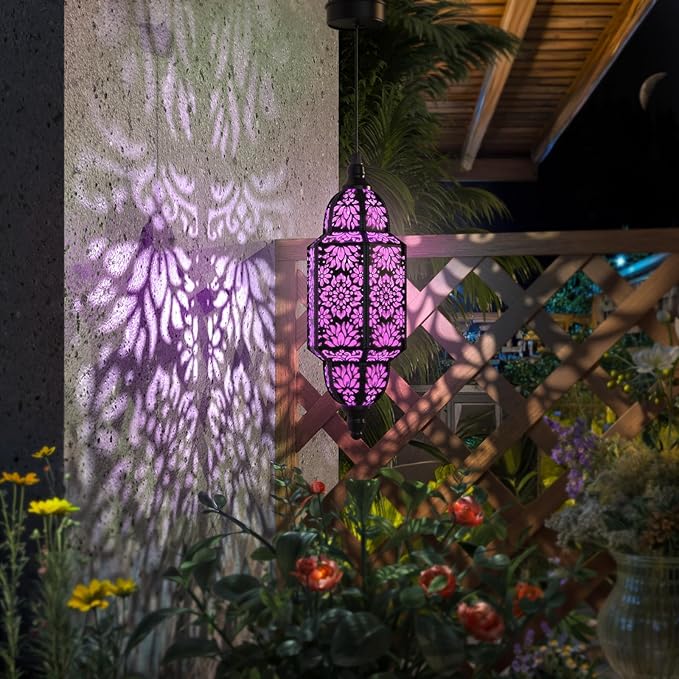Twinkya Hanging Solar Lights Outdoor Garden Decorative Solar Lantern Waterproof Metal Moroccan Outdoor Decorations for Patio Pathway Yard Porch Backyard Garden Decor (Purple, 1 Pack)