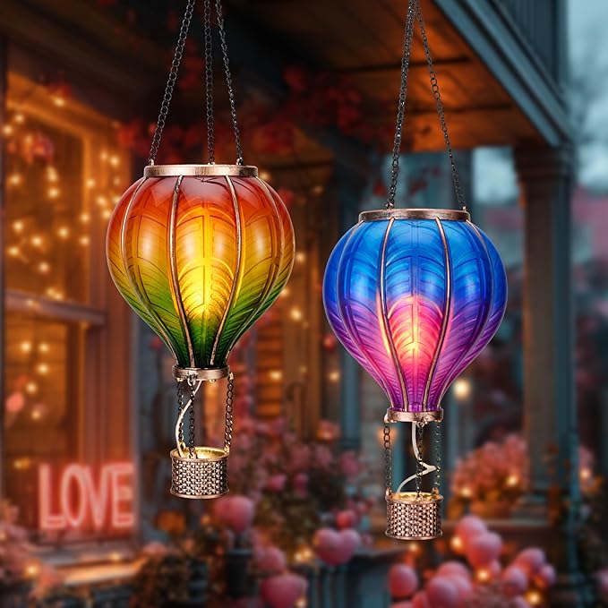 TERESA'S COLLECTIONS 2 Pack Hanging Solar Lantern Outdoor Garden Decor for Valentine ,Waterproof Plastic Hot Air Balloon Orange Flickering Flame Effect Lantern for Yard Tree,Gift for Mom,18"