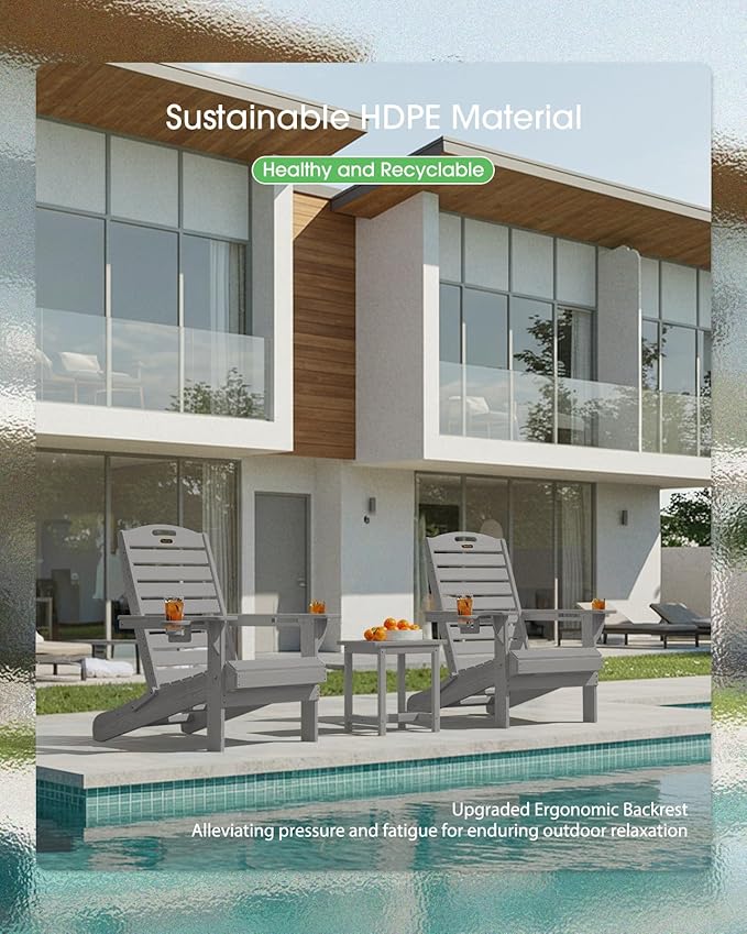 Adirondack Chair Folding HDPE Adirondack Chairs with Cup Holder, Outdoor Fire Pit Chairs All-Weather Lawn Chair for Deck Patio Garden (Grey)