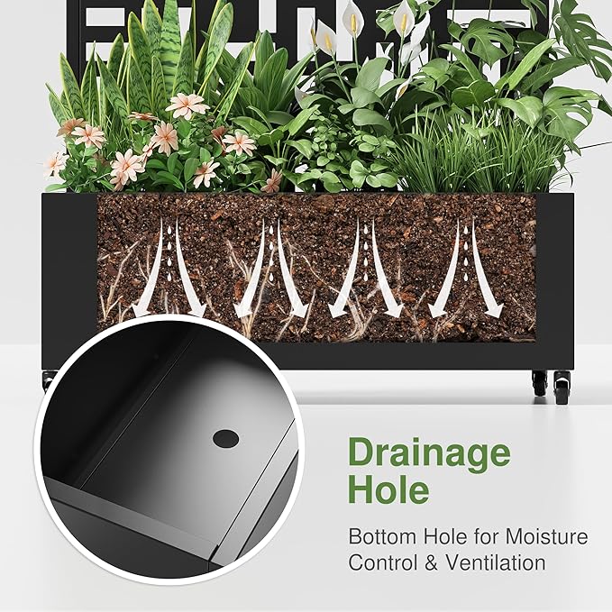 Casaphoria Metal Raised Garden Bed with Trellis and Wheels, 47"x47"x16" Planter Box for Climbing Plants, Vegetables & Vines, Features Drainage Holes and Privacy Screen (White-Louvered)