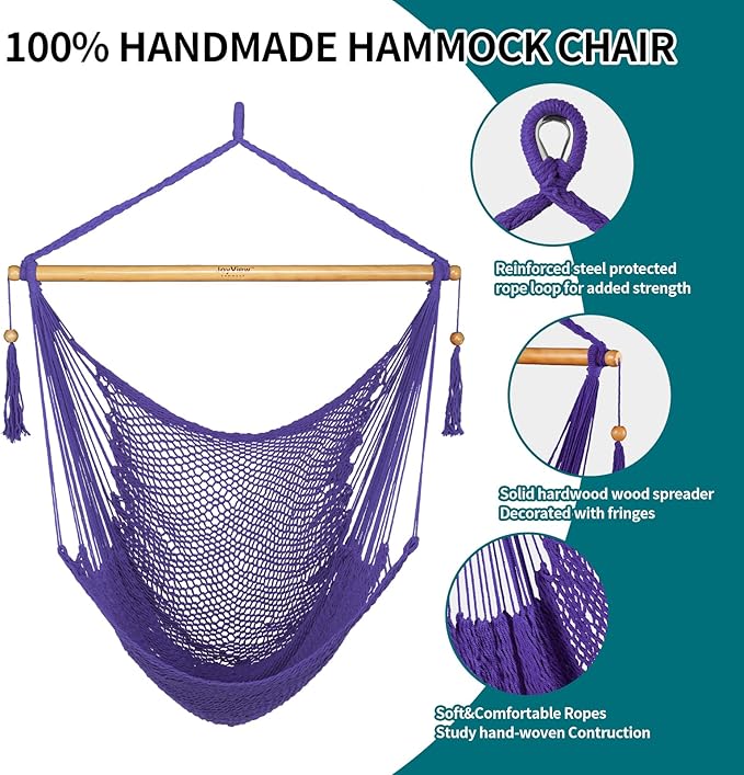 JoyView Hammock Chair with Spreader Bar Caribbean Hammock Swing Chair 300 LBS Weight Capacity XL Rope Hanging Chair for Outdoor Indoor Garden Yard - Purple