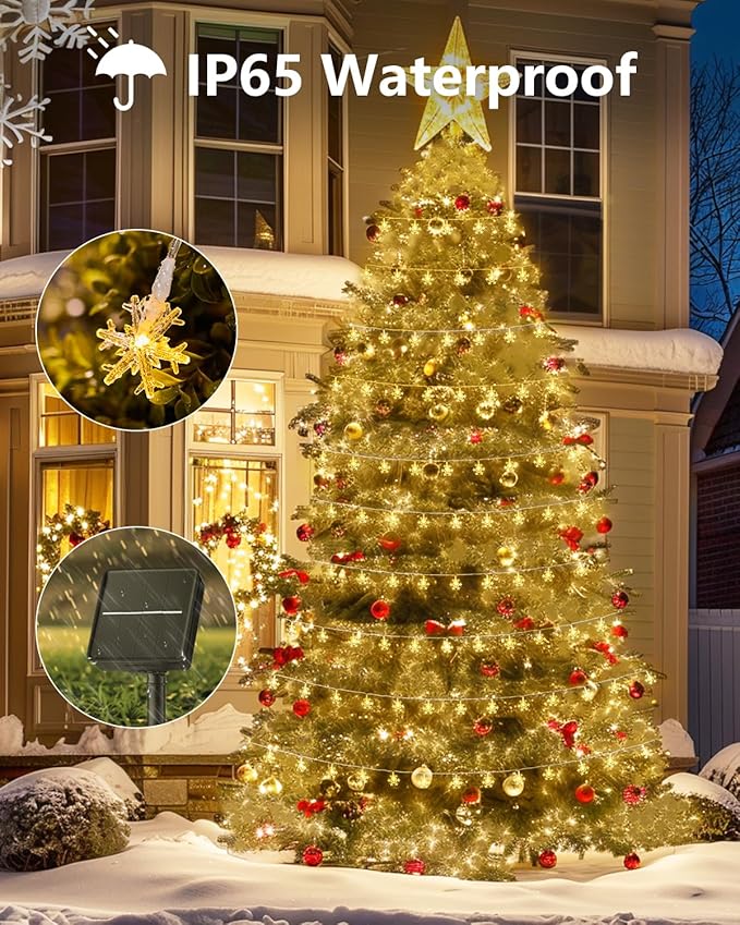 Brightown Solar Christmas Snowflake String Lights, 72FT 200 LED Outdoor Waterproof Fairy Lights with 8 Lighting Modes for Wedding, Party, Tree, Room, Garden, Patio, Yard, Home, Warm White