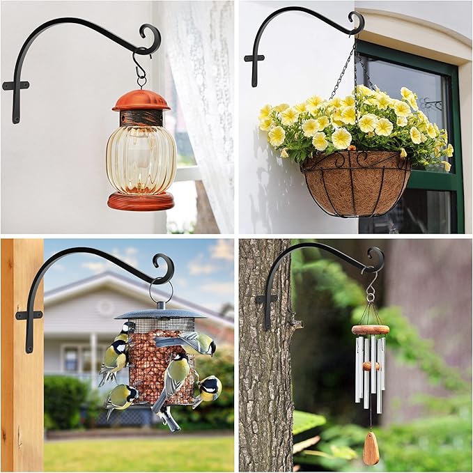 HOOPLE Plant Hangers Outdoor Heavy Duty 2 Pack, Extra Long 12 Inch Cast Iron Hanging Plant Bracket, Metal Black Plant Brackets Hook for Hanging Flower Baskets, Hanging Bracket, Elegant Design