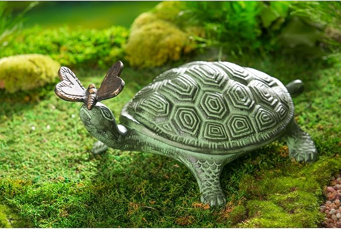 Evergreen Garden Beautiful Summer Turtle and Butterfly Metal Garden Statue - 9 x 14 x 7 Inches Fade and Weather Resistant Outdoor Decoration for Homes, Yards and Gardens