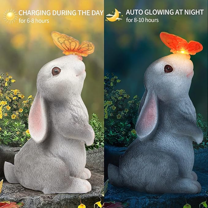 Garden Statue Outdoor Decor-Rabbit with Solar Butterfly Changing Lights Garden Statues,Bunny Statue for Patio,Balcony,Yard,Lawn Ornament,Gardening Gifts for Mom Grandma