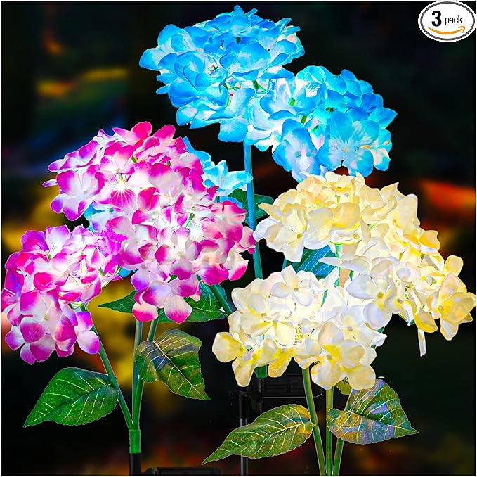 TONULAX Solar Garden Lights - 3 Pack Upgraded Version Outdoor Lights, Colorful Hydrangea Flower Light for Yard Decor, Garden Decoration, Two Lightning Modes & Enlarged Solar Panel