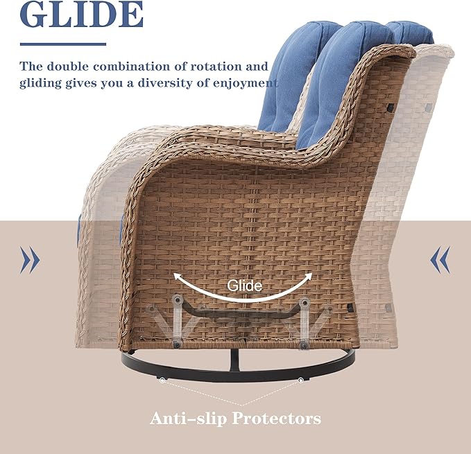 Wicker Outdoor Furniture Patio Furniture Set - 6 Piece Patio Conversation Set with Swivel Rocker Chairs, Loveseat Sofa, Ottomans and Coffee Table, Blue Cushion