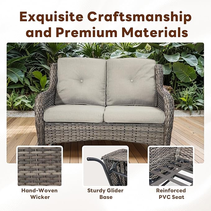 4 Piece Patio Furniture Set - Outdoor Glider Bench with Swivel Rocker Chairs and Coffee Table, High Back Small Outdoor Conversation Furniture Sets for Deck Sunroom Balcony Backyard