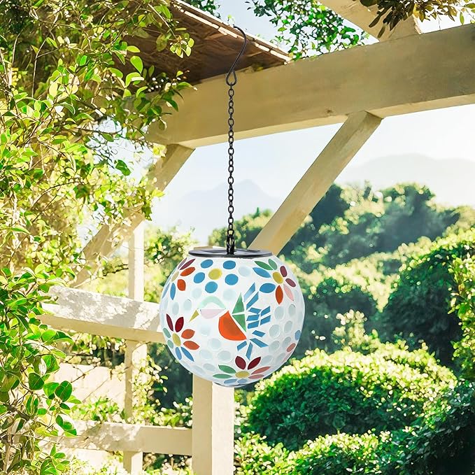 VCUTEKA Solar Chandelier Outdoor, Hanging Mosaic SolarLights with Hook Up, Solar Garden Lantern Decor for Yard, Deck and Patio, White