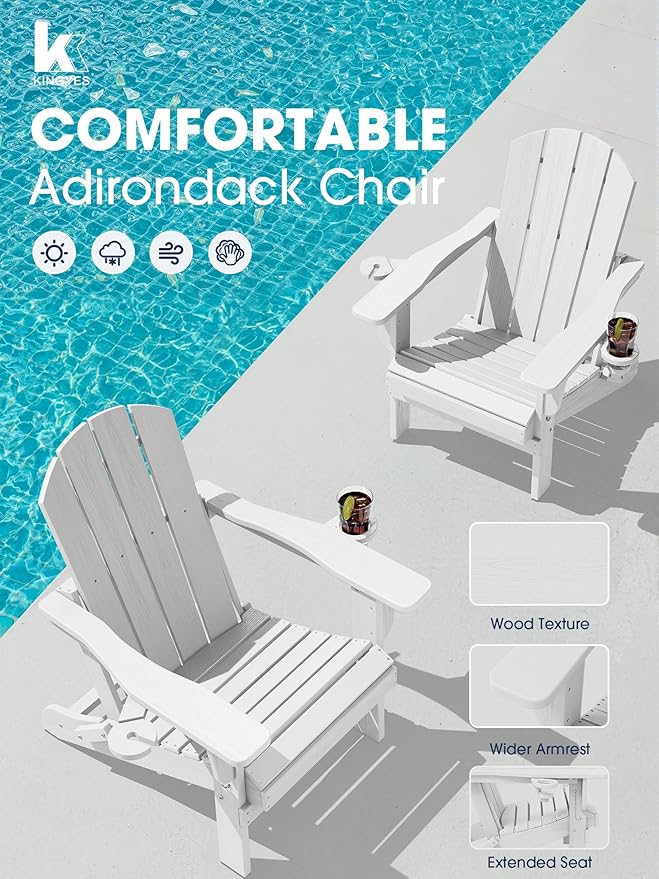 KINGYES Folding Adirondack Chair Set of 6, Dual Cup Holders & All-Weather HDPE, Wood-Like Patio Chair for Backyard, Camping, Pool & Fire Pit, White