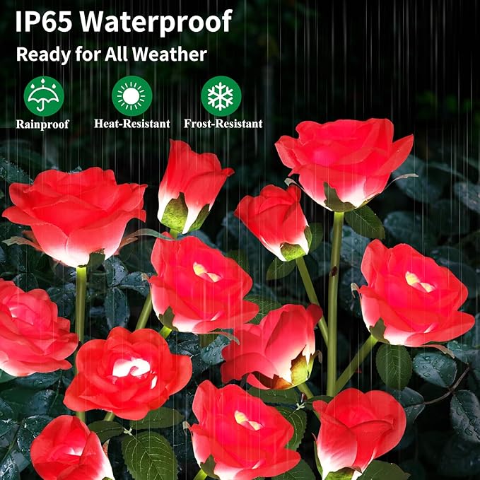 Solar Garden Lights, Solar Outdoor Lights with More Realistic 10 Rose Waterproof Solar Powered Flowers for Outside Patio Yard Pathway Decorations, 2 Pack Red