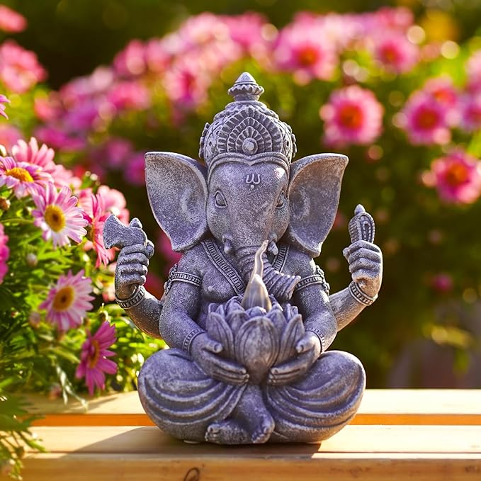 Solar Ganesha Elephant Garden Statues: Outdoor Sculptures with Lotus Lights Decor for Patio Lawn Yard Art - Gifts for Mom Grandma