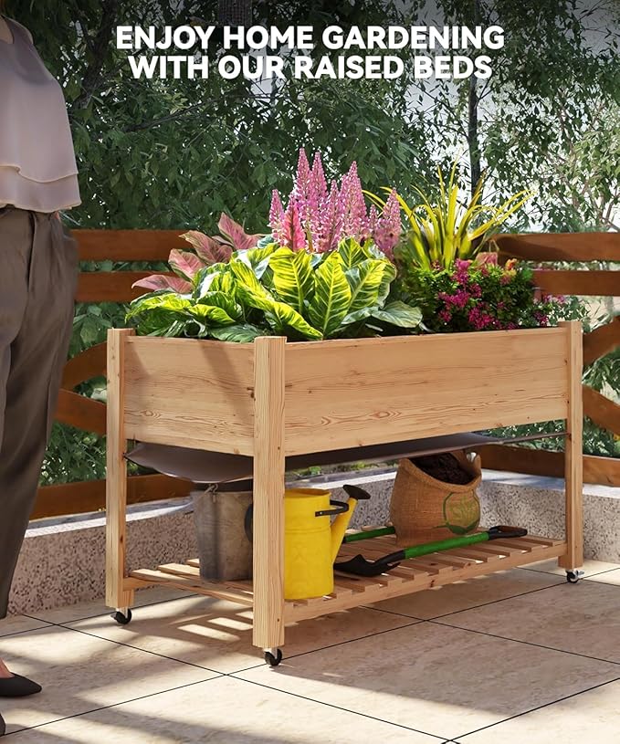 Raised Garden Bed with Legs and Wheels, Wooden Raised Planter Box with Storage Shelf, Protective Liner, Mobile Elevated Wood Planter for Backyard, Patio, Balcony Natural, 48"×24"×30"