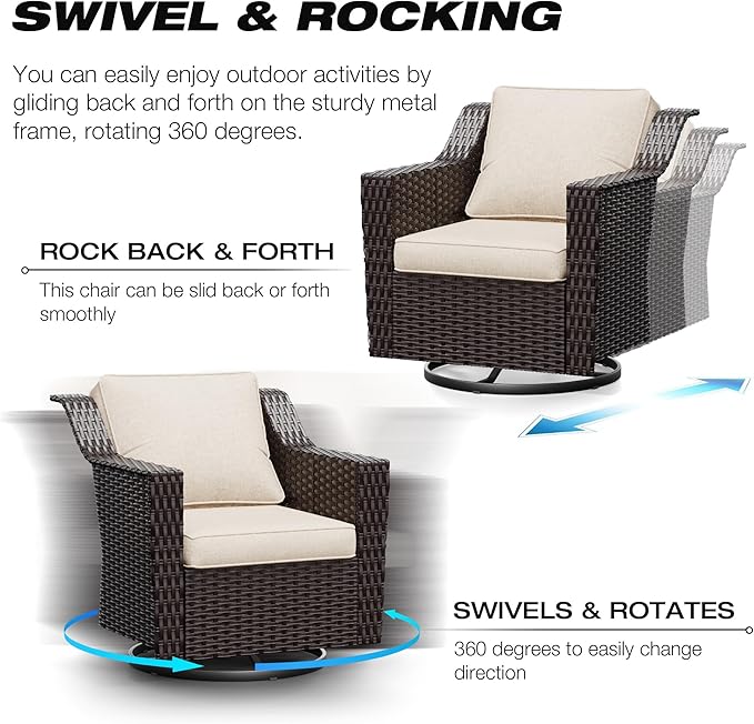 Joyside Wicker Patio Furniture Sets, 7 Pieces Upgraded Large Size Outdoor Furniture with Swivel Rocking Patio Chairs, 3-Seat Sofa, Outdoor Ottoman and Coffee Table, Thick Cushions, Wide Armrest