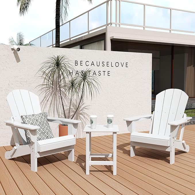 WO Home Furniture Adirondack Chair Table Set of 2 PCS Outdoor Folding Chair w Side Table Weather/UV Resistant for Lawn, Garden, Bon Fire, Balcony (White)