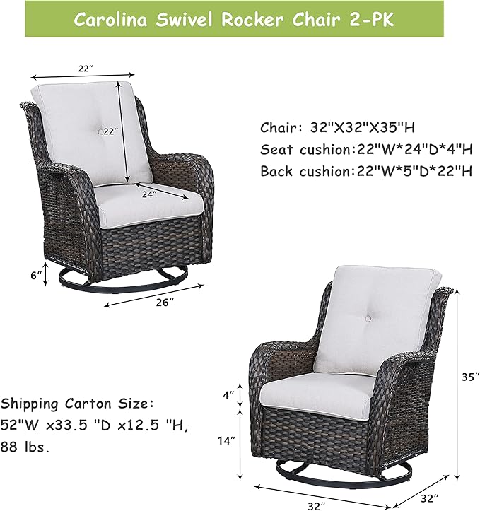 Outdoor Patio Swivel Rocker Chairs - Single Wicker Rattan Patio Swivel Rocking Chair with High Back,Deep Seating and Comfort Cushions for Deck Porch Garden,Brown/Beige