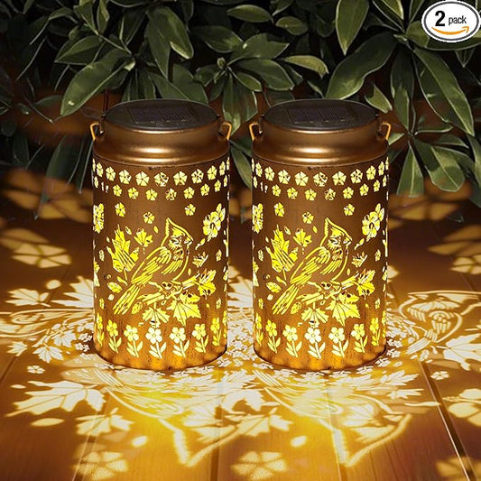 2 Pack Cardinal Solar Lanterns Outdoor Waterproof, Metal Hanging Lights Decorations for Garden Yard Lawn Patio, Cardinal Gifts for Women Mom Grandma Gardener for Mother'Day Christmas