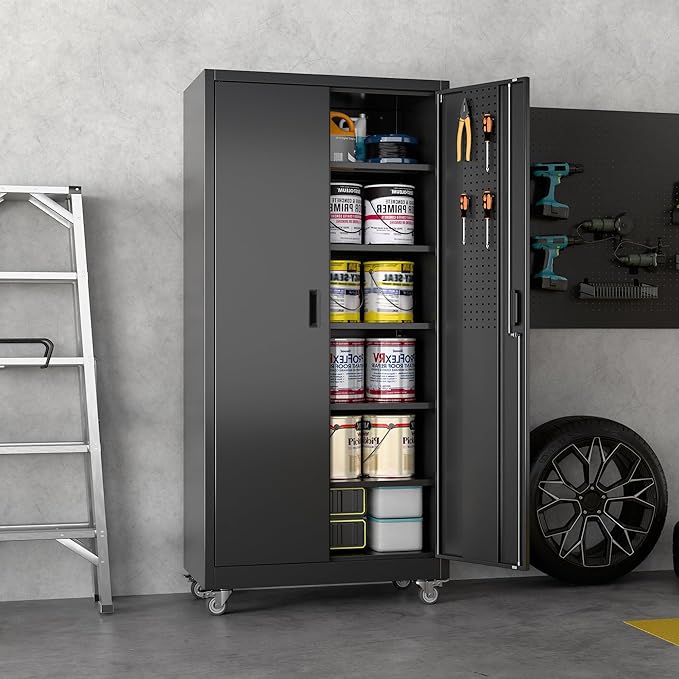 71" H×34" W×18" D Metal Garage Storage Cabinet with Wheels & Pegboard, Lockable Metal Storage Cabinets with 2 Doors&5 Adjustable Shelves for Garage&Home,Assembly Required,Black