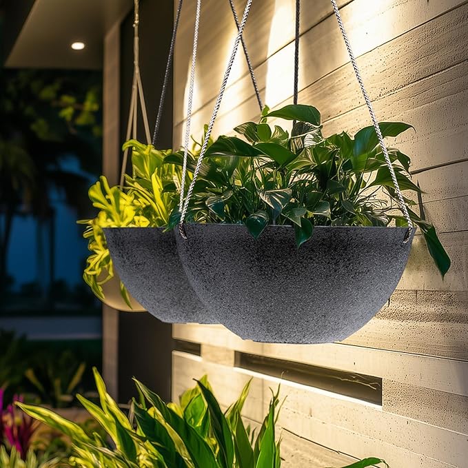 LA JOLIE MUSE Large Hanging Planters for Outdoor Plants - 13 Inch Hanging Flower Pots with Drainage Holes, Set of 2, Rock Grey