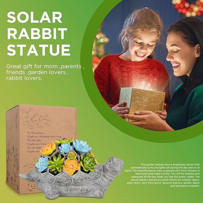 SIX FOXES Solar Garden Outdoor Statues Turtle with Succulent LED Lights - Large Size XXL(10.2×4.3×5.9 inches), Gifts for Mothers Day Mom Gifts for Women Grandma Wife