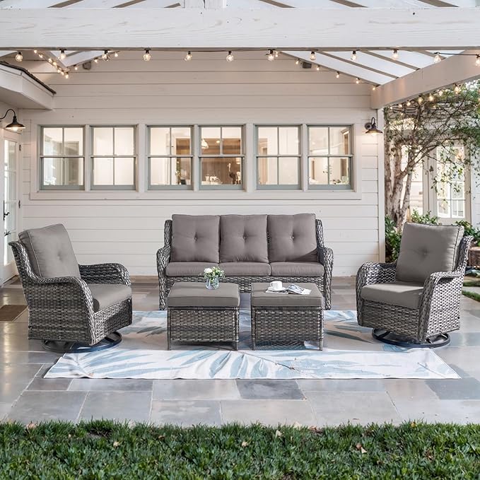 5 Piece Outdoor Patio Furniture Set - Wicker Furniture Patio Conversation Set, Outdoor Swivel Rocker Chairs with 3-Seater Sofa and 2 Ottomans for Small Space, Gray Cushion
